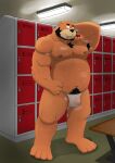  2022 anthro asian_clothing bearboxz belly bodily_fluids clothing east_asian_clothing fundoshi genitals hi_res inside japanese_clothing locker_room male mammal moobs navel nipples overweight overweight_male penis solo sweat tongue tongue_out underwear ursid white_clothing white_fundoshi white_underwear 