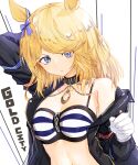  1girl absurdres animal_ears arm_up bandeau bangs bare_shoulders black_choker black_jacket blonde_hair blue_bow blue_eyes bow breasts character_name choker cleavage commentary_request gloves gold_city_(umamusume) hair_bow highres horse_ears jacket long_hair looking_at_viewer midriff navel off_shoulder open_clothes open_jacket solo spaghetti_strap stomach striped_bandeau tetra_(ktet4_illu) umamusume upper_body v-shaped_eyebrows white_background white_gloves 