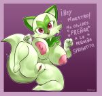  anthro big_breasts big_butt breasts butt clitoris dialogue female fur genitals green_body green_fur hi_res huge_breasts nintendo pok&eacute;mon pok&eacute;mon_(species) pussy red_eyes rubbyagate short_stack solo spanish_text sprigatito text thick_thighs tongue video_games 