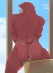  2021 anthro asian_clothing black_eyebrows black_nose blue_sky butt chirasgi clothed clothing cloud dated east_asian_clothing eyebrows fundoshi fundoshi_only fur grey_clothing grey_fundoshi grey_underwear hi_res japanese_clothing kumatetsu mammal rear_view red_body red_butt red_fur red_tail sky solo teeth the_boy_and_the_beast topless underwear ursid wet wet_body wet_fur 