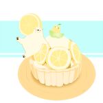  animal bear bird chai commentary_request desert food food_focus fruit holding lemon lemon_slice looking_at_viewer no_humans original plate polar_bear signature sitting_on_food tart_(food) undersized_animal white_background 