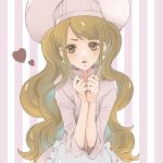  1girl bangs brown_eyes brown_hair charlotte_pudding chef_hat chef_uniform earrings hat heart hidden_eyes hiyo_(1571624) jewelry long_hair one_piece solo striped striped_background wavy_hair 