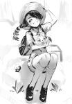  1girl arm_up backpack bag bangs braid collared_shirt commentary fangs female_protagonist_(pokemon_sv) greyscale grin hand_on_headwear hat highres kneehighs looking_at_viewer monochrome pokemon pokemon_(creature) pokemon_(game) pokemon_sv ririko_(zhuoyandesailaer) shirt shoes short_shorts short_sleeves shorts sitting sketch smile sprigatito thick_eyebrows tree 