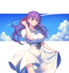  1girl absurdres bangs blue_sky breasts closed_mouth cloud cloudy_sky commentary_request dress eyebrows_visible_through_hair fate/stay_night fate_(series) hair_ornament hand_up highres lips long_hair looking_at_viewer matou_sakura medium_breasts nolan puffy_short_sleeves puffy_sleeves purple_eyes purple_hair shiny shiny_hair short_sleeves simple_background skirt_hold sky smile tied_hair white_dress 
