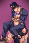  2boys animal_ears black_nails carrying cat_ears cat_tail chain dio_brando gakuran jojo_no_kimyou_na_bouken kemonomimi_mode kujo_jotaro large_pectorals less_end long_coat multiple_boys muscular muscular_male pectorals school_uniform shoulder_carry stardust_crusaders tail 