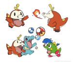  :d bob_(bubble_bobble) bub_(bubble_bobble) bubble bubble_bobble do9bessa fangs fire fuecoco highres multiple_views no_humans pokemon pokemon_(creature) red_eyes simple_background smile totodile white_background 
