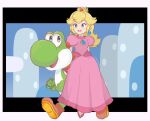  1boy 1girl blonde_hair blue_eyes brooch chocomiru crown dress earrings jewelry mario_(series) open_mouth pink_dress princess_peach smile super_mario_world tiara yoshi 