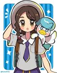  1girl :o blush_stickers border braid brown_eyes brown_hair collared_shirt commentary_request eyelashes female_protagonist_(pokemon_sv) hat highres kokashiho long_hair looking_at_viewer necktie outline outside_border pokemon pokemon_(creature) pokemon_(game) pokemon_sv purple_necktie purple_shorts quaxly shirt short_sleeves shorts single_braid sparkle twitter_username white_border 