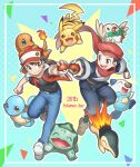  2boys :d backpack bag bangs belt belt_buckle black_hair black_shirt blue_pants brown_bag brown_footwear buckle bulbasaur buttons charmander closed_mouth commentary_request cyndaquil fire floating_scarf framed grey_eyes grey_jacket grey_pants hat holding holding_poke_ball jacket male_focus multiple_boys nagi_(exsit00) on_head open_clothes open_jacket open_mouth oshawott pants pikachu poke_ball poke_ball_(basic) poke_ball_(legends) pokemon pokemon_(creature) pokemon_(game) pokemon_legends:_arceus pokemon_on_head pokemon_rgby red_(pokemon) red_headwear red_scarf rei_(pokemon) rowlet scarf shirt shoes short_hair short_sleeves smile spiked_hair squirtle teeth tongue upper_teeth 