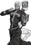  1boy 1other back-to-back bible book cd enrico_pucci greyscale highres holding holding_book holding_cd jojo_no_kimyou_na_bouken male_focus monochrome priest stand_(jojo) standing stone_ocean wahoxz whitesnake_(stand) 