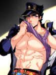  1boy birthmark black_hair blue_eyes clothes_lift earrings gakuran hat jewelry joestar_birthmark jojo_no_kimyou_na_bouken kujo_jotaro large_pectorals less_end lifted_by_self male_focus manboobs muscular muscular_male nipples pectorals school_uniform shirt_lift solo stardust_crusaders 