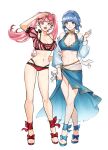  2girls :d absurdres arm_up bangs bare_legs bare_shoulders bikini blue_bikini blue_footwear blue_hair blue_jacket blunt_bangs braid breasts cleavage collarbone commentary_request crossed_legs crown_braid eyebrows_visible_through_hair eyewear_on_head fire_emblem fire_emblem:_three_houses fire_emblem_heroes grey_eyes hand_up highres hilda_valentine_goneril jacket large_breasts long_hair looking_at_viewer marianne_von_edmund multiple_girls navel off-shoulder_bikini off_shoulder official_alternate_costume open_clothes open_jacket pink_bikini pink_eyes pink_hair puffy_short_sleeves puffy_sleeves red_footwear sandals sarong short_hair short_sleeves silvercandy_gum simple_background smile stomach striped striped_bikini summer sunglasses swimsuit thighs twintails vertical-striped_bikini vertical_stripes watson_cross white_background 