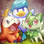  :d blue_eyes bright_pupils commentary_request fangs fuecoco grass highres looking_up n20u28 no_humans open_mouth pokemon pokemon_(creature) quaxly red_eyes signature sitting smile sprigatito starter_pokemon_trio tongue white_pupils 