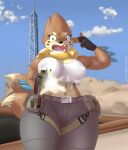  2_tails abs anthro biceps breasts brown_body brown_fur buizel clothed clothing detailed_background digital_media_(artwork) erect_nipples female fin fingerless_gloves fingers firing_weapon freckles fur gloves gun handwear hi_res holding_object holding_weapon looking_at_viewer mammal mr-shin multi_tail muzzle_flash nintendo nipples open_mouth pok&eacute;mon pok&eacute;mon_(species) pretzie ranged_weapon shell_(projectile) shooting_gun solo standing submachine_gun tan_body tan_fur thick_thighs topwear video_games watermark weapon yelling 