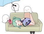  1girl 3others :&gt; beach_umbrella blue_dress blue_hair blush closed_eyes couch detached_sleeves double_bun dress fandead_(uruha_rushia) gift gradient_hair green_hair hair_ornament hololive lying multicolored_hair multiple_others on_side sakana_(saka11205) shoes shoes_removed skull_hair_ornament sleeping sunglasses umbrella uruha_rushia 