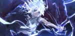  1boy blue_eyes fighting hand_up hunter_x_hunter killua_zoldyck lightning male_focus otsumami_(bu-bu-heaven) painting_(medium) shirt short_hair sleeveless solo traditional_media white_shirt 