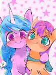  bag blue_hair blush duo earth_pony equid equine eyebrows female feral green_eyes hair hasbro horn horse izzy_moonbow_(mlp) looking_at_viewer mammal mlp_g5 my_little_pony pnpn_721 pony purple_eyes purple_hair smile star sunny_starscout_(mlp) unicorn 