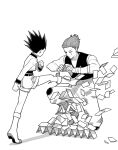  2boys absurdres card expressionless gon_freecss greyscale highres hisoka_morow holding holding_card house_of_cards hunter_x_hunter kicking likeu_99 male_focus monochrome multiple_boys one_knee prank 