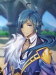  1boy armor blue_eyes blue_hair blurry blurry_background collared_shirt dark-skinned_male dark_skin depth_of_field earrings eyepatch gem genshin_impact gold_armor gold_necklace highres jewelry kaeya_(genshin_impact) male_focus ponytail shirasame shirt shoulder_armor single_earring tagme teeth 