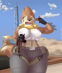  2_tails abs anthro biceps breasts brown_body brown_fur buizel clothed clothing detailed_background digital_media_(artwork) erect_nipples female fin fingerless_gloves fingers freckles fur gloves gun handwear hi_res holding_object holding_weapon looking_at_viewer mammal mr-shin multi_tail nintendo nipples open_mouth pok&eacute;mon pok&eacute;mon_(species) pretzie ranged_weapon solo standing submachine_gun tan_body tan_fur thick_thighs topwear video_games watermark weapon yelling 