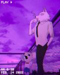  anthro arctic_wolf bottomwear bow_tie buster_moon canid canine canis cigarette clothing dated duo fence hi_res illumination_entertainment jimmy_crystal koala larger_male lumise05 male mammal marsupial metal_fence necktie shorts sing_(movie) size_difference smaller_male smoke smoking text vombatiform wolf 