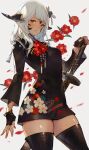  1girl au_ra avatar_(ff14) black_legwear chinese_clothes commission dragon_horns dragon_tail final_fantasy final_fantasy_xiv fingerless_gloves flower gloves highres horns katana kemomin_nosuke long_hair looking_at_viewer red_eyes scales skeb_commission solo sword tail thighhighs weapon white_hair 