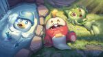  afloat blue_eyes brown_eyes commentary_request from_above fuecoco grass highres ho-oh_(artist) light_rays looking_at_viewer lying no_humans on_back pokemon pokemon_(creature) quaxly ripples sprigatito starter_pokemon_trio water waterfall 
