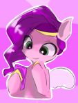  accessory equid equine female green_eyes hair hair_accessory hasbro holding_object hooves looking_down mammal mlp_g5 my_little_pony pegasus phone pink_background pink_body pipp_petals_(mlp) pnpn_721 purple_hair simple_background smile solo wings 