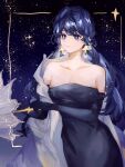  1girl alternate_costume arknights astesia_(arknights) bangs bare_shoulders blue_dress blue_eyes blue_gloves blue_hair breasts cleavage collarbone cowboy_shot dress elbow_gloves eyebrows_visible_through_hair gloves highres long_hair solo standing strapless strapless_dress taikonghaizao 