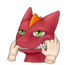  anthro chanhee_cha colored dragon ears_up face_pull female hand_on_face hands_in_mouth horn looking_at_another pivoted_ears red_body reycovert scalie solo squish teeth teeth_showing western_dragon 