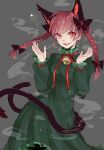  1girl animal_ears bell black_bow bow braid cat_ears cat_tail contrapposto dress emuru_(mushroom379) extra_ears feet_out_of_frame green_dress grey_background hair_bow hair_ribbon hands_up jingle_bell kaenbyou_rin light_blush long_hair looking_at_viewer multiple_tails neck_bell nekomata open_mouth petticoat red_eyes red_hair red_ribbon ribbon slit_pupils smile smoke solo tail teeth touhou tress_ribbon twin_braids twintails two_tails upper_teeth 