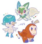  :d auko blue_eyes bright_pupils color_guide commentary_request fang fuecoco highres open_mouth pokemon quaxly red_eyes smile sprigatito starter_pokemon_trio tongue white_background white_pupils 