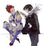  2boys armband baekjin_ski black_hair chrollo_lucilfer coat fur_trim hair_slicked_back hickey high_heels highres hisoka_morow holding holding_knife holding_weapon hunter_x_hunter implied_yaoi knife male_focus multiple_boys red_hair sitting sleeveless smile sweatdrop weapon wristband yellow_eyes 