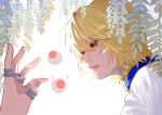  1boy blonde_hair from_side hand_up highres hunter_x_hunter kurapika male_focus otoko_no_ko parted_lips plant red_eyes shirt solo wahoxz white_background white_shirt 