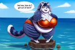  2020 3:2 anthro belly big_belly big_breasts bikini bikini_bottom bikini_top breasts chest_tuft chubby_anthro chubby_female claws cleavage clothed clothing cloud dialogue domestic_cat fangs felid feline felis female front_view hair half-closed_eyes hi_res mammal narrowed_eyes obese open_mouth overweight overweight_anthro overweight_female paws platform sea shenzel shenzel_(shenzel) short_stack sky slightly_chubby solo speech_bubble swimwear teeth text tongue tuft water whiskers 