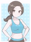  1girl chocomiru closed_mouth crop_top grey_hair grey_pants looking_at_viewer midriff open_clothes open_shirt pale_skin pants polka_dot polka_dot_background ponytail smile solo super_smash_bros. tank_top wii_fit wii_fit_trainer wii_fit_trainer_(female) 