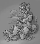  anthro bracelet canid canine canis clothed clothing controller domestic_dog eyewear game_controller glasses hair jewelry male mammal monochrome nerd pawpads shiba_inu shirt solo spitz terry_(roanoak) tongue tongue_out topwear underwear zterry 