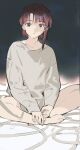  1girl absurdres bangs barefoot brown_eyes brown_hair cable collarbone commentary full_body grey_shirt hair_ornament hands_on_feet highres indian_style iovebly iwakura_lain long_sleeves looking_at_viewer parted_lips serial_experiments_lain shirt short_hair sitting sketch solo x_hair_ornament 