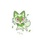  :d animal_focus commentary_request creature daifuku_(pokefuka_art) happy leaf looking_to_the_side no_humans open_mouth pokemon pokemon_(creature) purple_eyes simple_background smile solo sprigatito white_background 