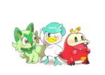  :d animal_focus arm_up ban_(ban62460424) blush closed_mouth commentary_request fang fuecoco no_humans one_eye_closed open_mouth pokemon pokemon_(creature) quaxly red_eyes smile sprigatito starter_pokemon_trio 