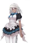  1girl absurdres apron blue_archive blue_ribbon brown_eyes clothes_lift cosplay dark_skin execneet frilled_apron frilled_skirt frills guilty_gear guilty_gear_strive hair_between_eyes highres karin_(blue_archive) karin_(blue_archive)_(cosplay) long_hair maid maid_headdress neck_ribbon pantyhose platinum_blonde_hair puffy_sleeves ramlethal_valentine ribbon skirt skirt_lift solo white_legwear 
