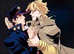  black_hair bracelet cape collared_cape dio_brando hat holding_another&#039;s_wrist jewelry jojo_no_kimyou_na_bouken kujo_jotaro less_end long_coat manly mullet muscular muscular_male official_style red_eyes ring stardust_crusaders wedding_band wing_collar yaoi 