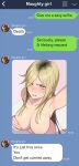  1girl blonde_hair blush breasts chat_log clenched_teeth covering covering_breasts english_text from_above hair_over_one_eye highres large_breasts long_hair mole mole_under_eye nude phone_screen reaching_out selfie teeth text_messaging yuzuriha_(active_homing) 