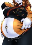  absurd_res anthro asian_clothing belly belly_focus belly_overhang belly_tuft big_belly big_breasts big_hands bloated breasts brown_hair chinese_clothing claws clothing digestion east_asian_clothing ecchipandaa felid female floral_print hair hi_res holding_belly mammal midriff navel navel_piercing navel_rim pantherine piercing rumbling_stomach solo sound_effects thick_arms tiger tuft 