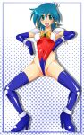  1girl adapted_costume allenby_beardsley antennae artist_request blue_eyes blue_hair bow bowtie covered_nipples elbow_gloves g_gundam gloves gundam haigure_pose halftone halftone_background high_heels highleg highleg_leotard latex latex_gloves latex_legwear latex_leotard leotard looking_at_viewer mobile_fighter_g_gundam non-web_source open_mouth short_hair shoulder_pads simple_background smile solo spread_legs thighhighs tomboy 