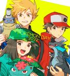  1girl 2022 2boys anniversary bangs baseball_cap blastoise blue_jacket blue_oak brown_eyes brown_hair buttons character_doll charizard closed_mouth coat commentary_request copyright_name doll green_headwear green_jacket grin hat highres hinata_(h_in_ryo2639) holding holding_doll jacket leaf_(pokemon) looking_at_viewer mega_blastoise mega_charizard_x mega_pokemon mega_venusaur multiple_boys official_alternate_costume pokemon pokemon_(game) pokemon_masters_ex red_(pokemon) red_coat red_headwear short_hair sleeveless_coat smile spiked_hair strap venusaur 