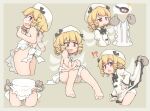  !? ? apron bangs blonde_hair blush border bow commentary_request cropped_legs dot_nose duplicate egg eyebrows_visible_through_hair frying_pan full_body grey_background grey_border hat highres jitome long_sleeves looking_at_viewer looking_to_the_side luna_child multiple_views naked_apron open_hands open_mouth outstretched_arm pixel-perfect_duplicate red_eyes ringlets shadow sideways_mouth speech_bubble spoken_object spoken_question_mark sweatdrop tareme tearing_up touhou transparent_wings turnip_kabura upper_body wings 