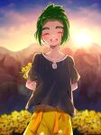  1boy :d blurry blush closed_eyes cloud commentary_request facing_viewer flower green_hair hau_(pokemon) highres kajiki_ngtk9 lens_flare male_focus open_mouth outdoors pokemon pokemon_(game) pokemon_sm shirt short_hair short_sleeves shorts sky smile solo sun sunset t-shirt teeth tongue twilight upper_teeth yellow_flower 