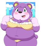  2022 animal_crossing anthro belly blush clothing female food hi_res humanoid_hands kemono kusosensei mammal megan_(animal_crossing) navel nintendo overweight popsicle purple_body solo underwear ursid video_games 