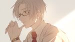  1boy coat glasses highres koeda_(k83_4) necktie polo_shirt red_necktie shirt short_hair simple_background smile solo tears_of_themis vyn_richter_(tears_of_themis) watch white_background white_coat white_hair white_shirt wristwatch yellow_eyes 
